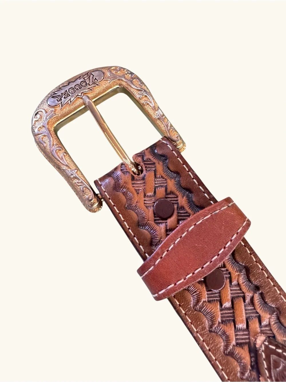 Vintage Nocona Western Tooled Leather Belt Gold Floral Conchos Engraved Buckle